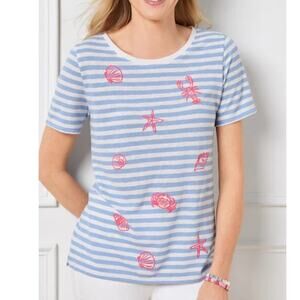 Talbots Shells & Lobster Tee Womens XL Blue Striped Nautical Knit Top